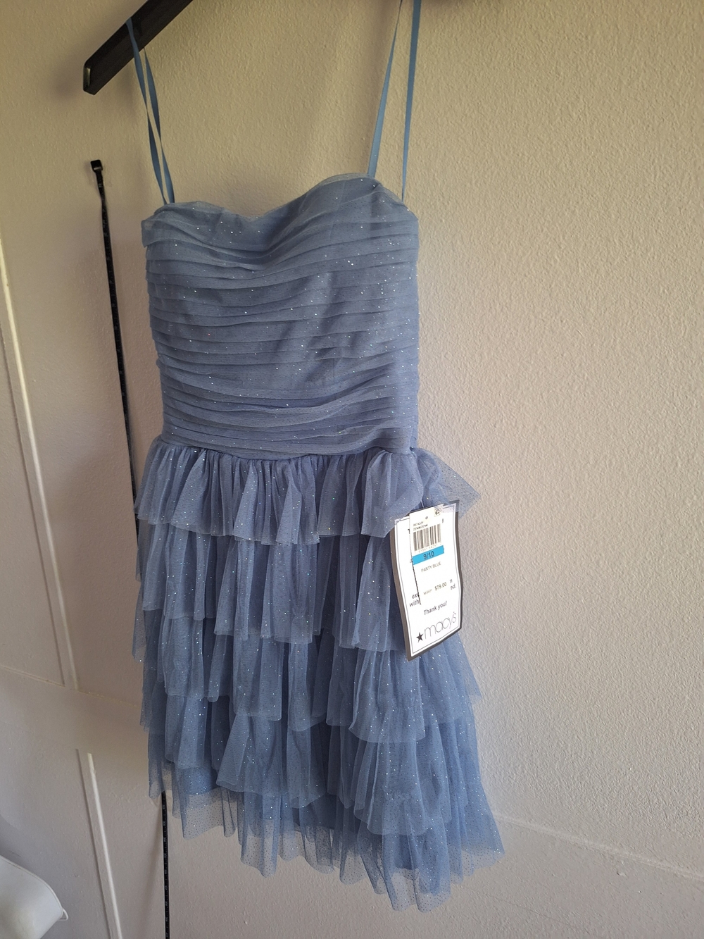B Darlin Dusty Blue Sparkle Tiered Tulle Cocktail Dress